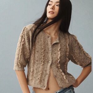 Nwt maeve Anthropologie Tan short sleeve Embellished Cardigan